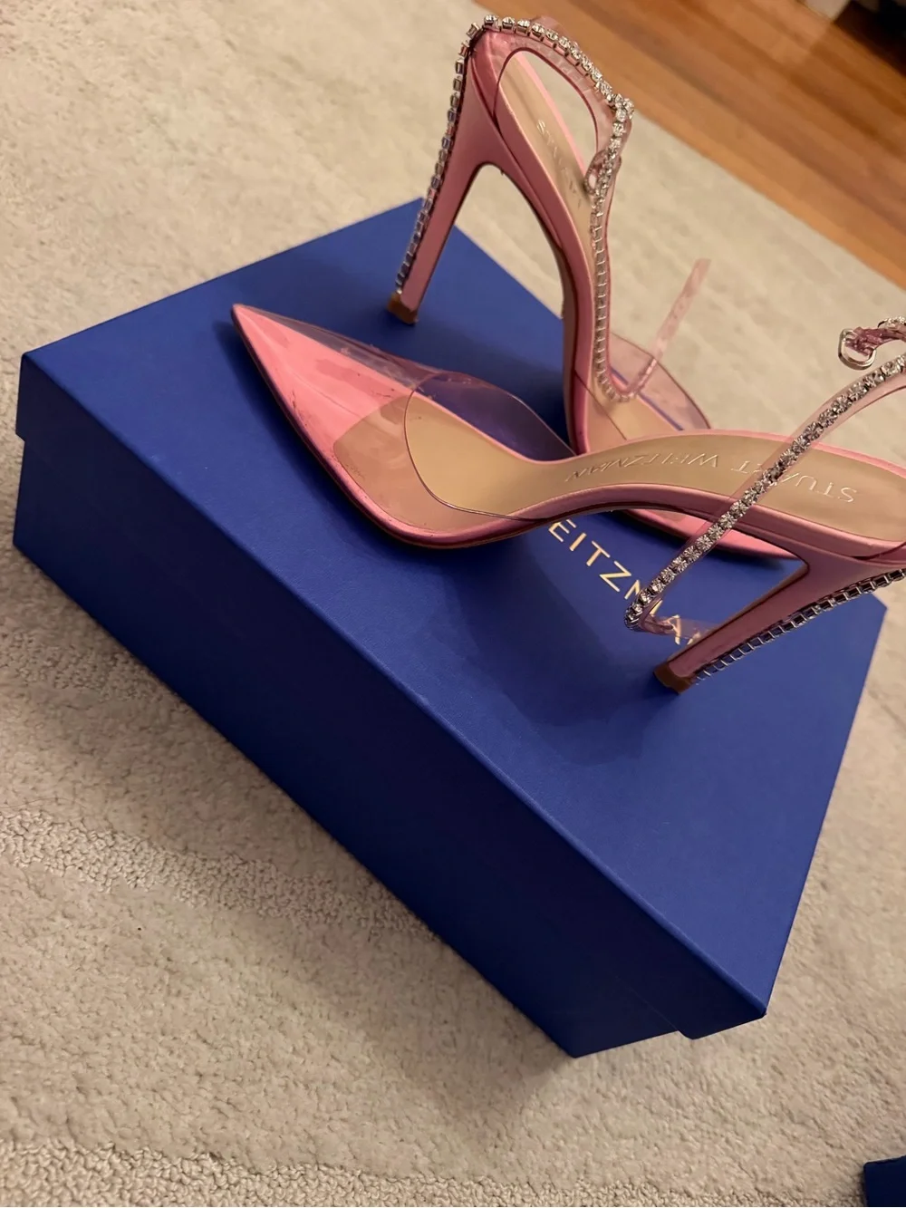 Stuart Weitzman Pink Crystal-Strap Pointed Stiletto Pumps